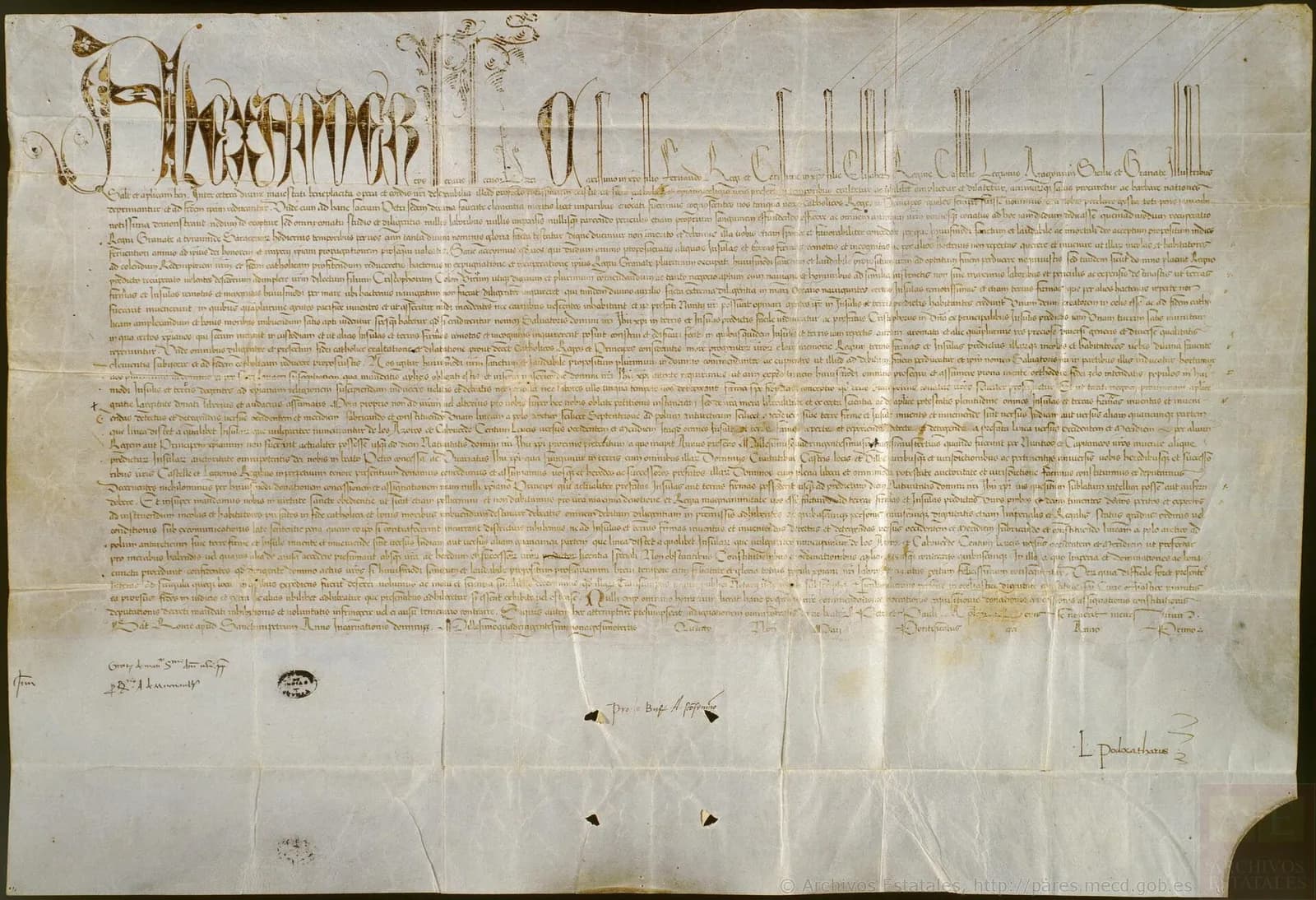 A wide sheet of parchment covered in dense lines of Latin script, opening with the name Alexander in tall ornamental letters across the top left. Signatures and small notes are scattered along the lower margin.
