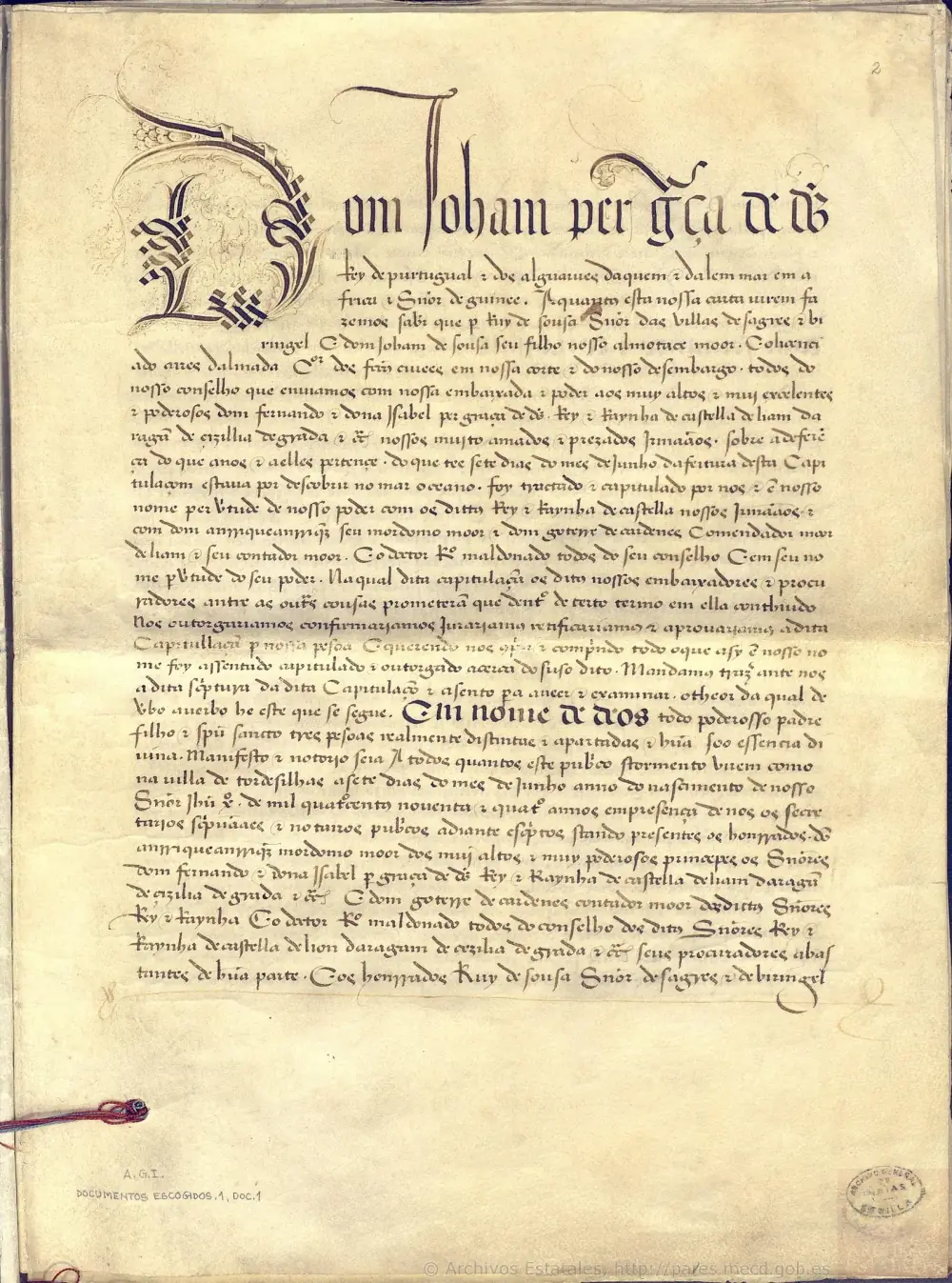 A parchment page of handwritten text in an old Portuguese hand, beginning with a large decorated initial D and the words Dom Johan per graça de Deus in tall letters. A coloured cord is threaded through the lower left edge.