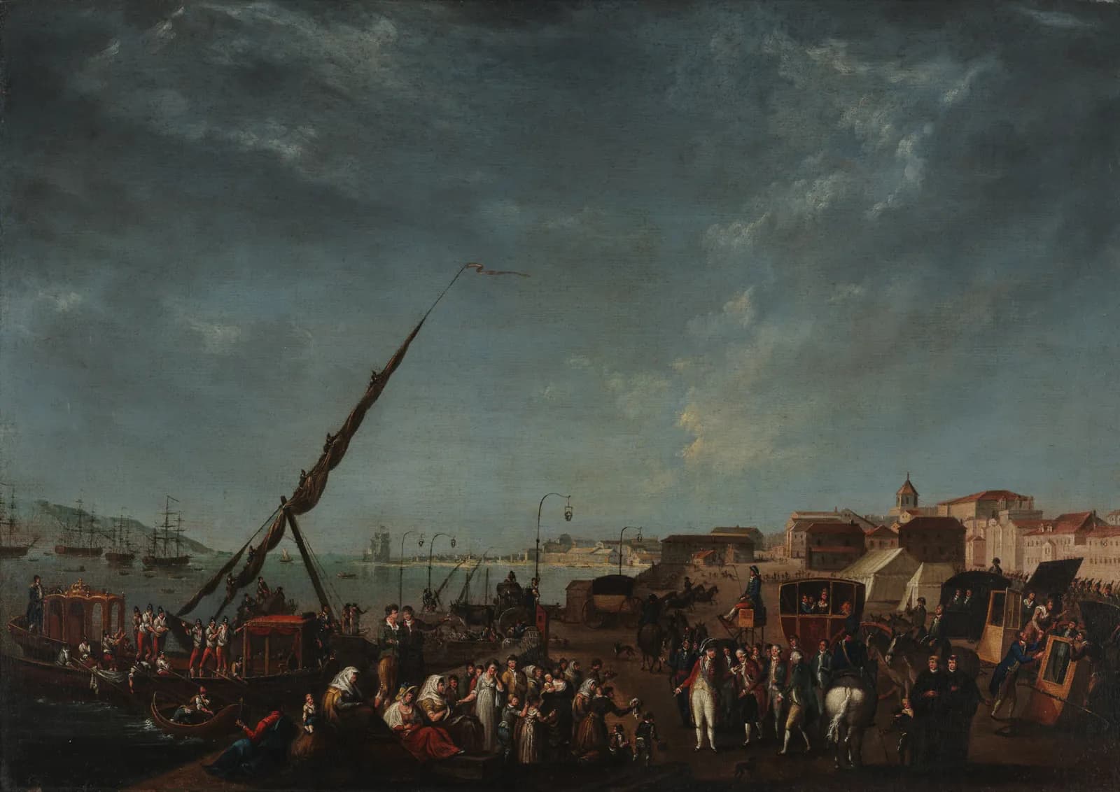 A crowded stone quay beside a wide river under a stormy sky. On the left, oarsmen in red and white crew a gilded barge with a crowned canopy beside a tall leaning mast; in the foreground women and children sit huddled, some weeping. Men in court dress, carriages and horses fill the right of the quay, and warships lie at anchor across the water.