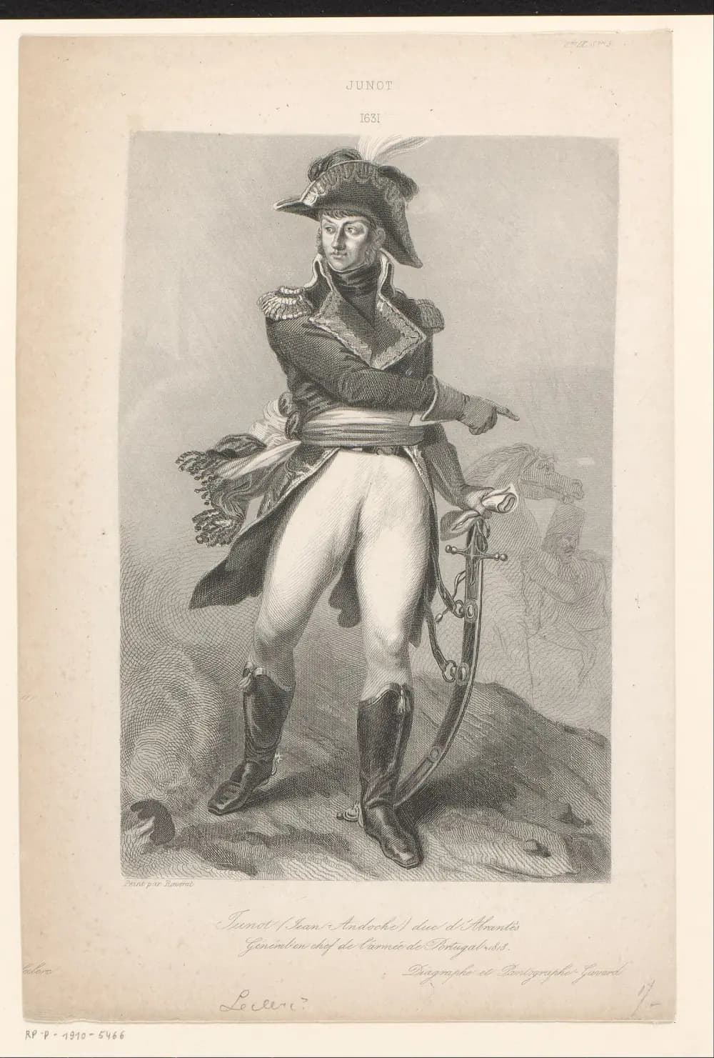 Engraved full-length portrait of a young officer in a plumed bicorne hat, braided coat, sash and tall riding boots, pointing across his body with his right hand, his left resting on the hilt of a curved sabre. A horse and a soldier are sketched faintly behind him.