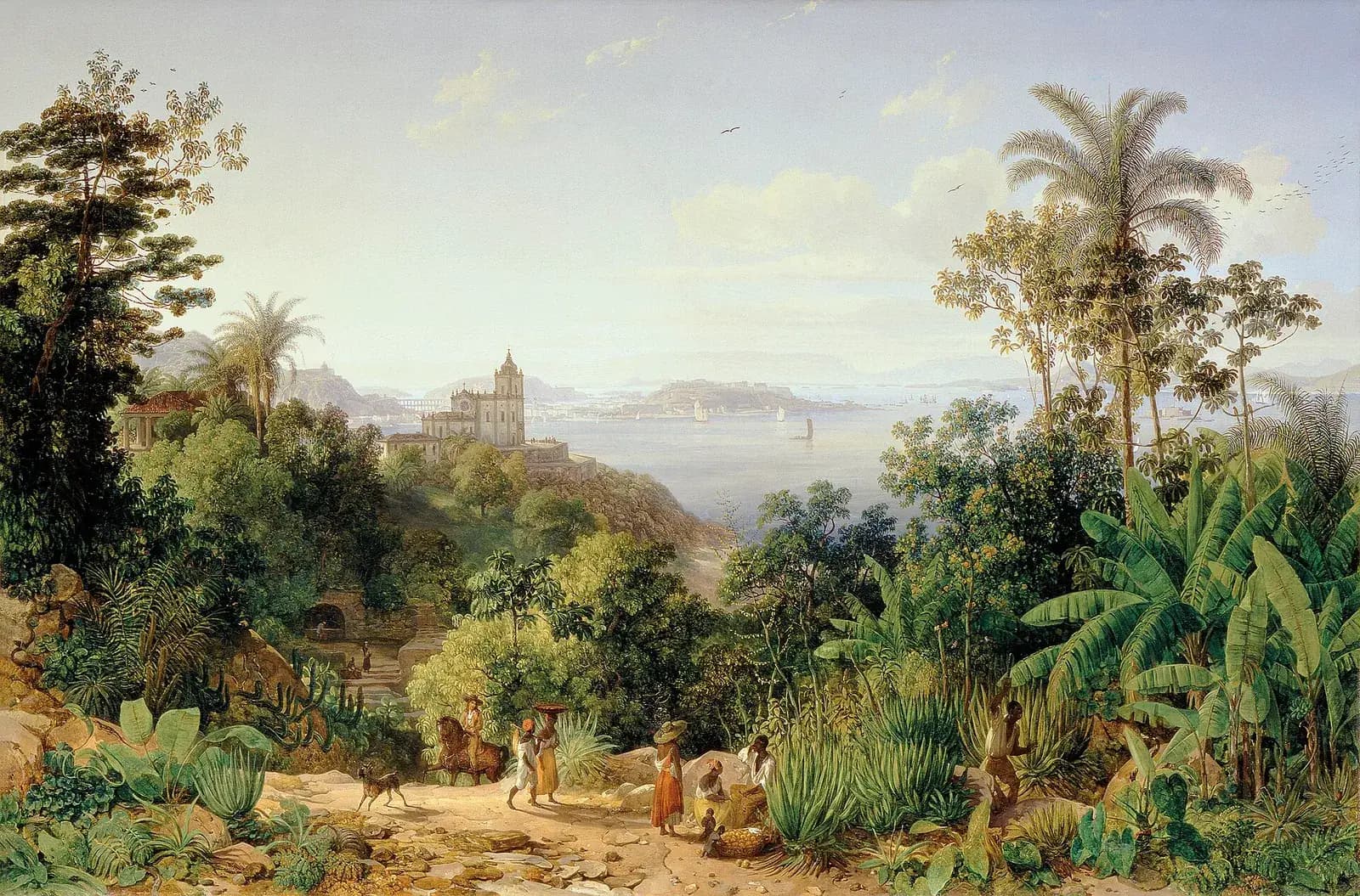 A painting looking down a dirt road through banana plants, palms and dense tropical trees to a wide bay. A church with a tall tower stands on a wooded hill; beyond it a low city, an aqueduct and forts line the shore. Black porters carrying loads and a man on horseback travel along the road in the foreground.