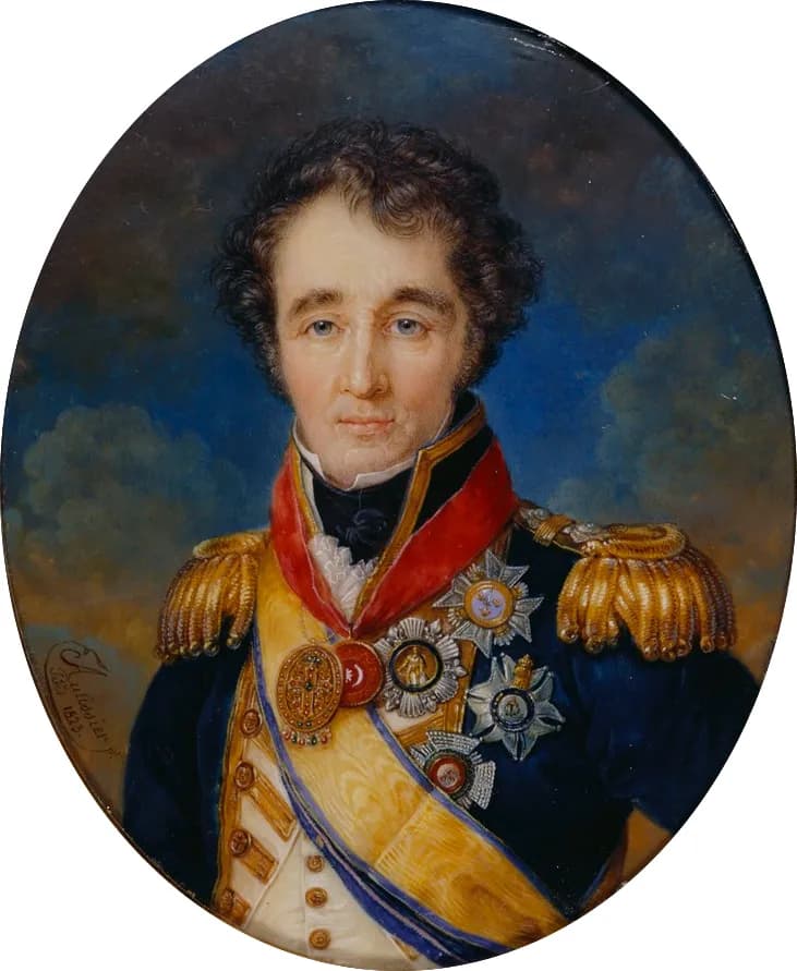 Oval miniature portrait of a middle-aged man with dark curly hair in a dark blue naval coat with gold epaulettes, a red collar and a yellow sash, his chest covered with jewelled stars and medals.