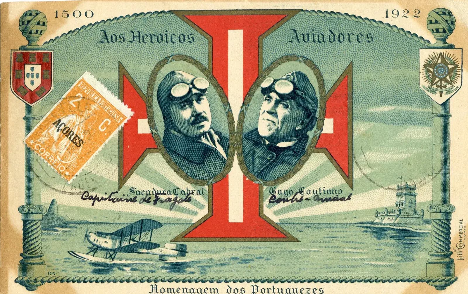 A coloured postcard headed “Aos Heroicos Aviadores” and dated 1500 and 1922, with oval portraits of the two airmen in flying helmets on a large red cross of the Order of Christ. A seaplane skims the water below them, with the Belém Tower on the right. An orange Portuguese stamp is stuck on the left.