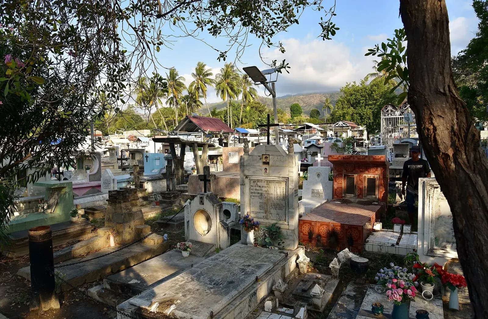 Rows of tiled and whitewashed tombs with crosses and plastic flowers under trees and palms, with green hills behind.
