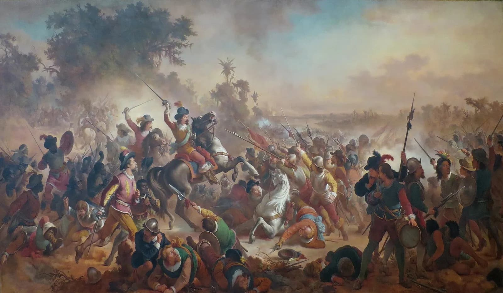 A large battle painting: in the centre a mounted officer in a plumed hat raises his sword over a mass of soldiers with pikes and halberds; wounded and dead men lie in the foreground, a Black soldier with a shield fights on the left and an Indigenous man in a feathered headdress on the right, under a smoky sky.