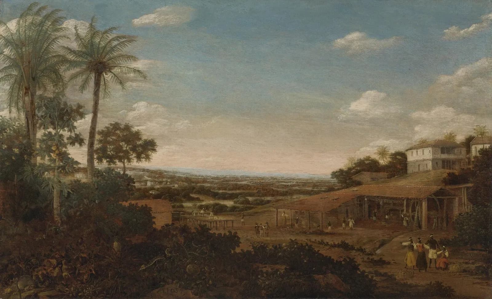 A wide tropical view with palm and papaya trees on the left. On the right, under a long open-sided shed with a tiled roof, small figures work at a mill; a white two-storey house stands on the slope above, and a group of Black men and women stand in the foreground.