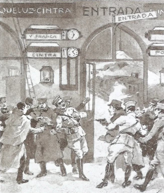 A drawing of a station entrance under signs reading Queluz-Cintra and Entrada, with departure boards and clocks for Vila Franca and Sintra trains. A man in a hat and coat on the right fires a pistol at a uniformed officer, who reels back into the arms of the men around him, while soldiers lunge at the gunman.