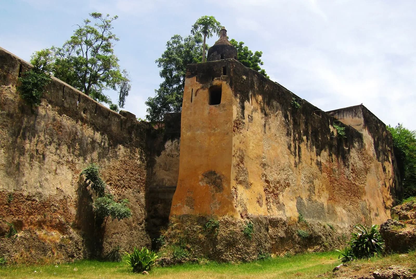 High weathered walls of coral stone in yellow and grey, with a small square sentry turret capped by a domed roof standing at an angle of the wall, and bushes growing on the battlements.