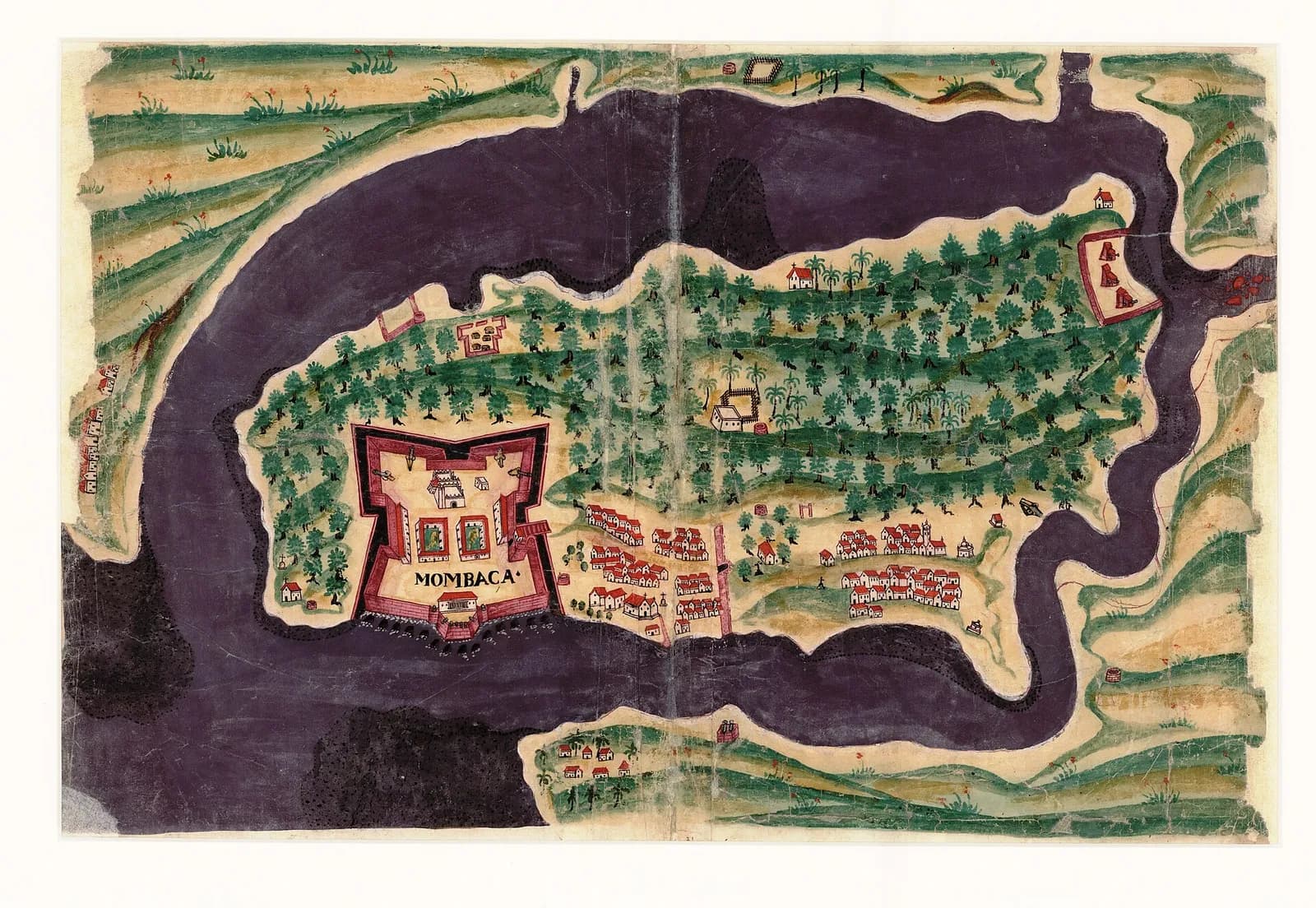 A hand-coloured map of a wooded island in a dark purple channel. A star-shaped red fortress labelled Mombaça stands at the left end of the island, next to clusters of small red-roofed houses.