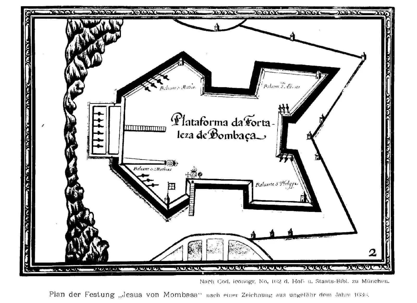 A black-and-white plan of a four-bastioned fortress, with cannon marked along the walls, titled Plataforma da Fortaleza de Bombaça, and its bastions labelled with saints' names.