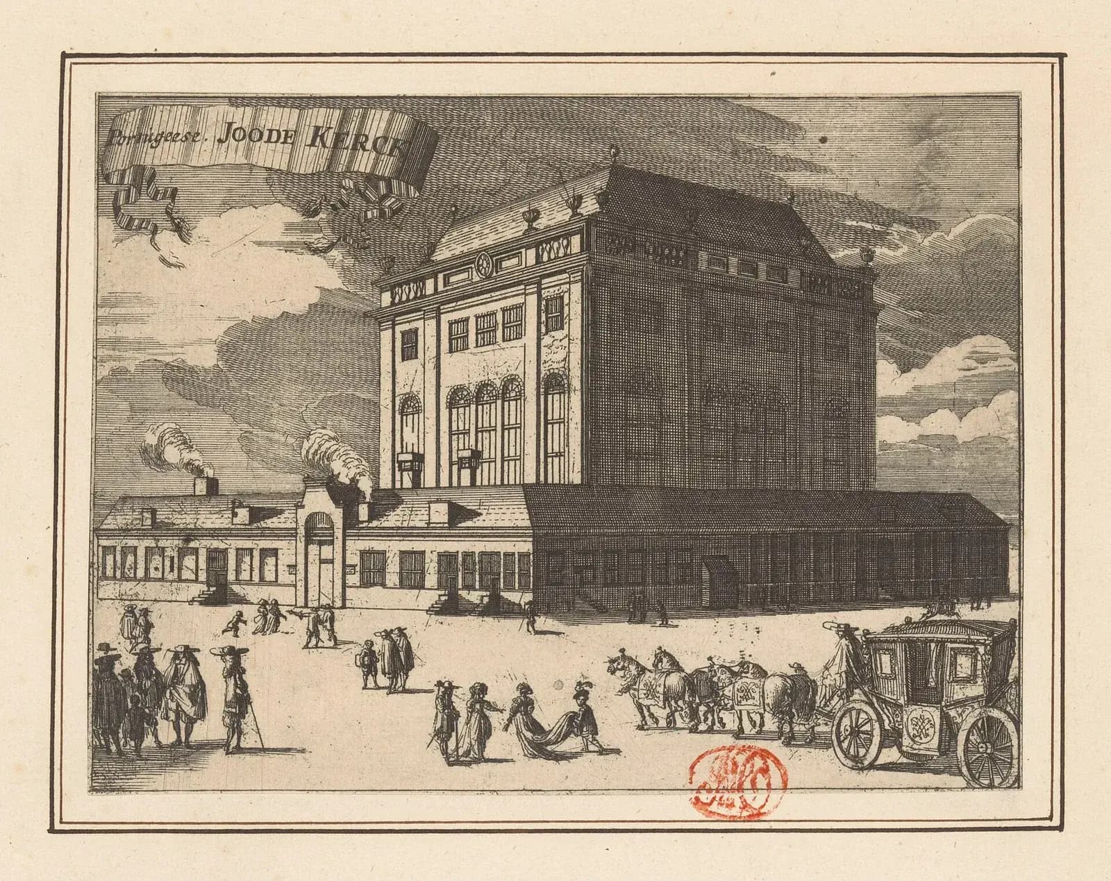 Engraving of a tall, square brick building with large round-arched windows and a hipped roof, set behind long low wings. People in hats and cloaks stroll across the open square in front, and a coach drawn by four horses waits on the right. A banner in the sky reads Portugeese Joode Kerck.