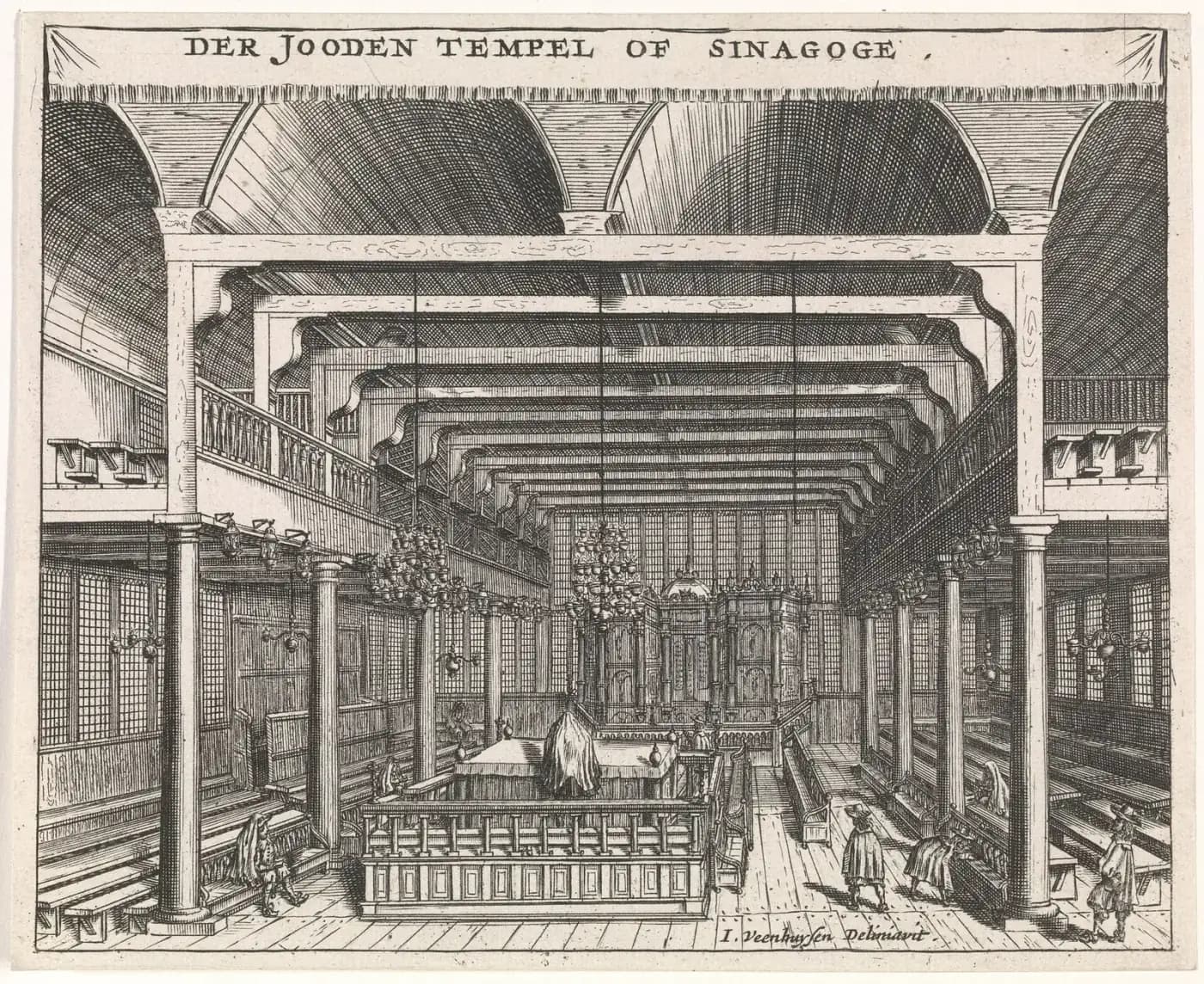 Engraving of a long timber-roofed synagogue hall. Galleries run along both sides above rows of benches, brass chandeliers hang from the beams, a railed platform with a draped reading desk stands in the middle, and a tall carved ark fills the far wall. A few men in hats and cloaks walk across the floor.