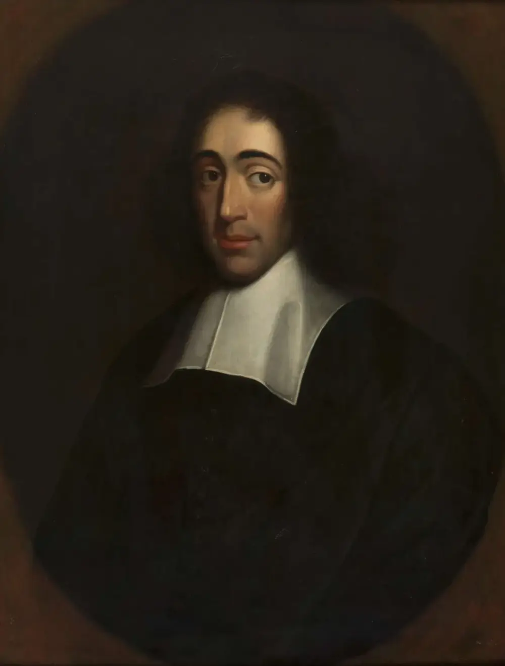 Oil portrait of a man with long dark curly hair, dark eyes and heavy eyebrows, wearing a dark coat with a broad plain white collar, set in a painted oval against a dark background.