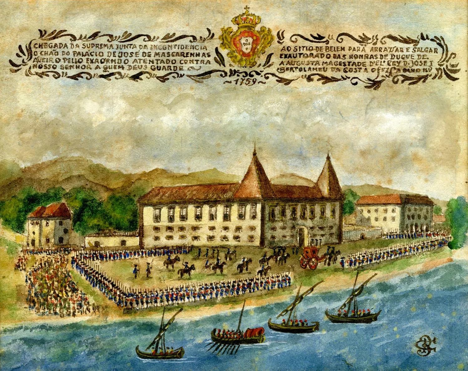 A watercolour of a long two-storey palace with two pointed towers on a riverbank. Ranks of soldiers in blue stand drawn up in front, horsemen and a red carriage arrive, and sailing boats float on the water in the foreground. A banner across the top carries a long title, the royal arms and the date 1759.