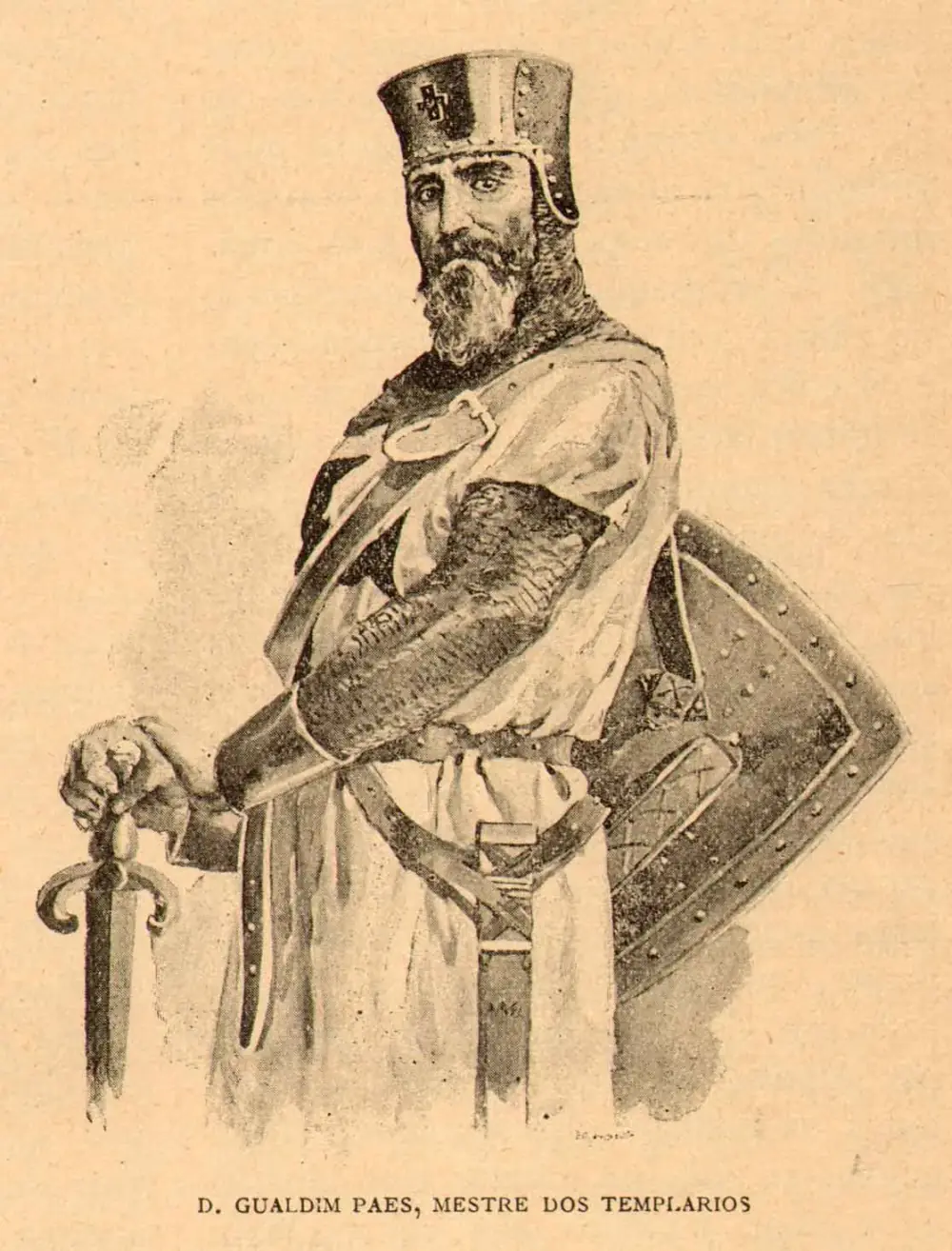A drawing of a bearded medieval knight in a mail coat and a long surcoat, wearing a flat-topped helmet marked with a cross and resting one hand on the hilt of a sword, with a shield behind him. The caption beneath reads D. Gualdim Paes, Mestre dos Templarios.