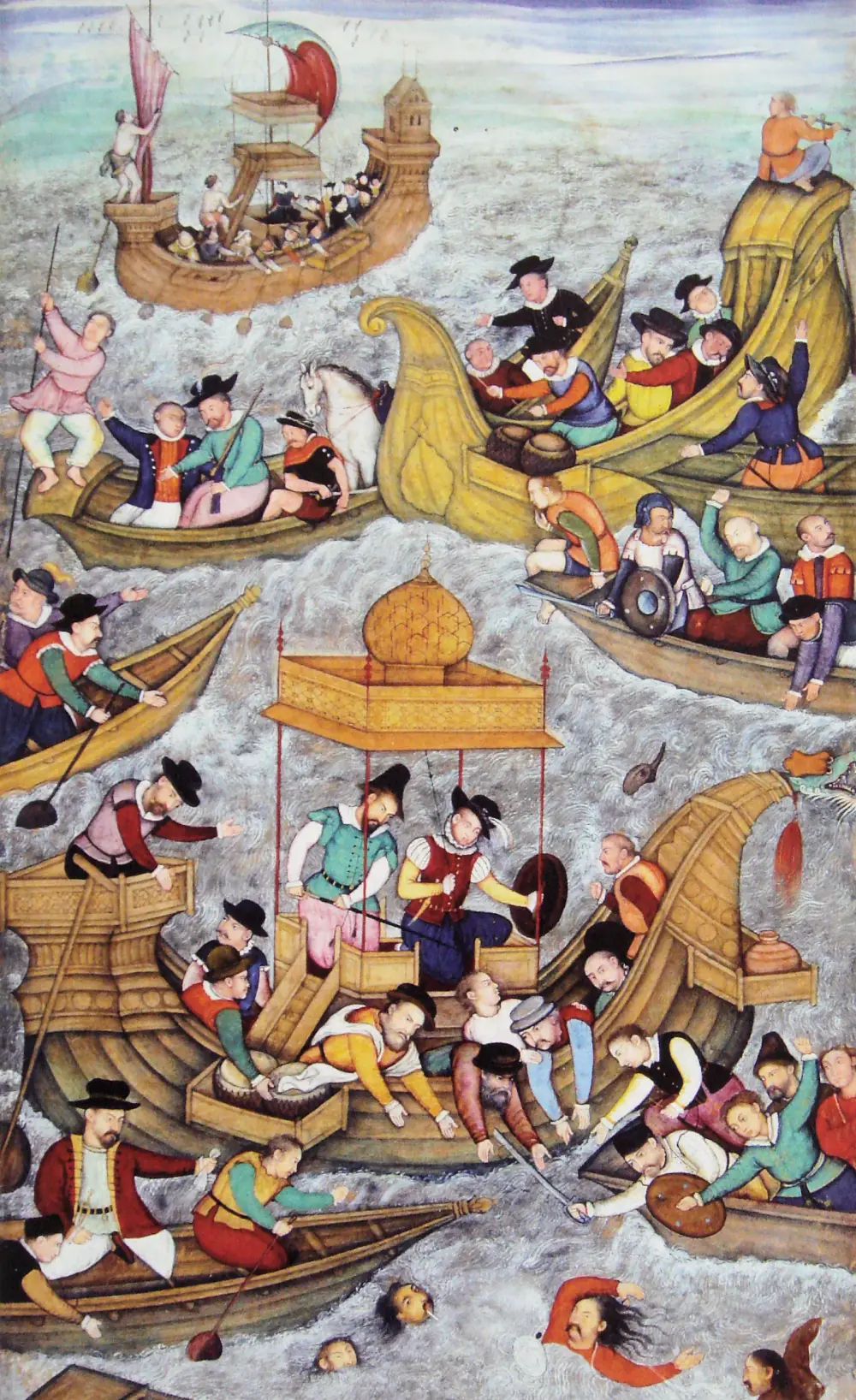 Boats crowd a choppy sea. Men in European hats and doublets fight with swords and oars from galleys and small boats, one boat carries a gilded canopy, and several men struggle in the water in the foreground.