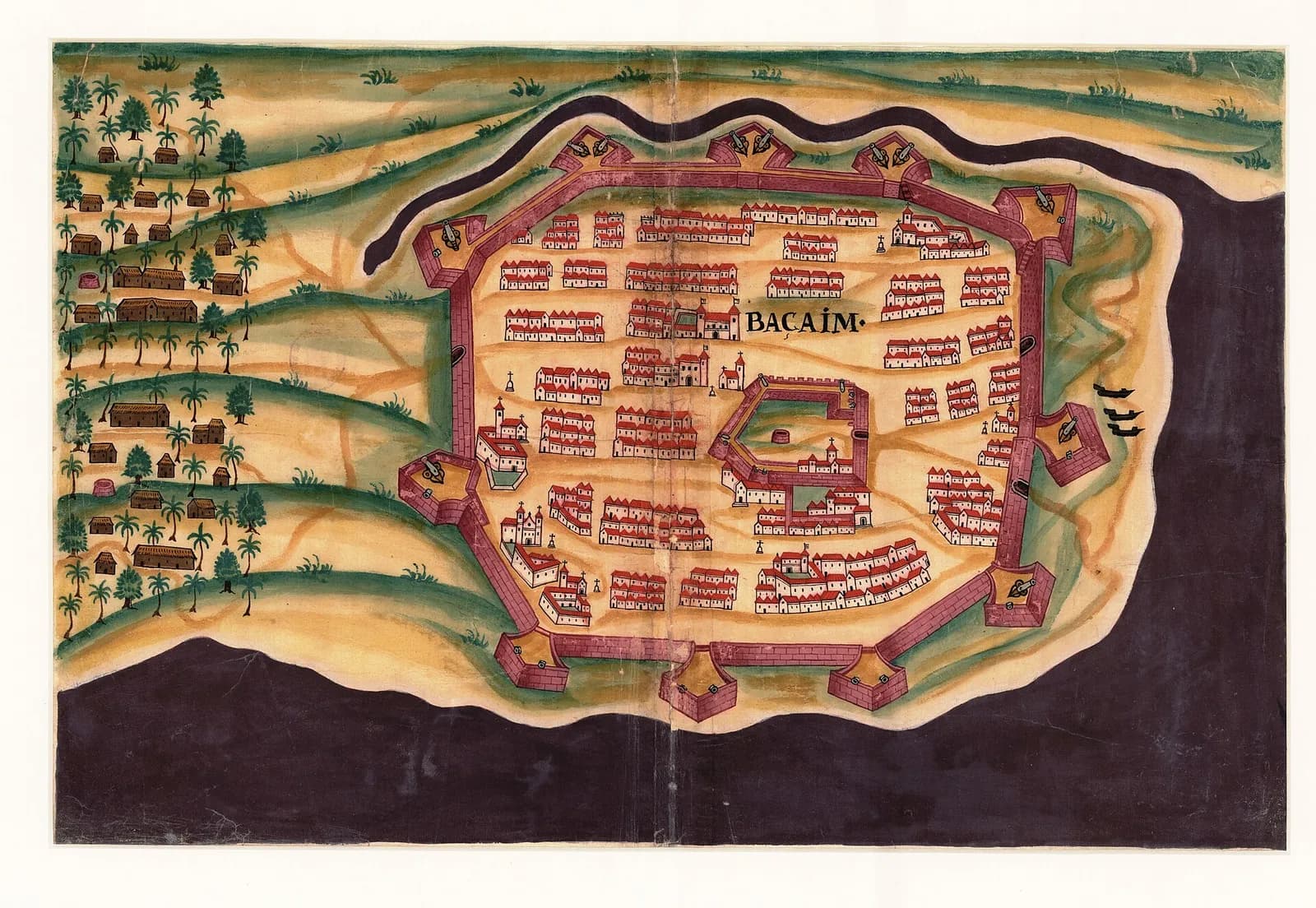 A hand-coloured plan of a walled town on a point of land: red walls with angular bastions enclose rows of red-roofed houses, several churches and a smaller square citadel, with the word Baçaim written across it. Dark water lies along the bottom and right of the sheet, and palm groves and huts to the left.