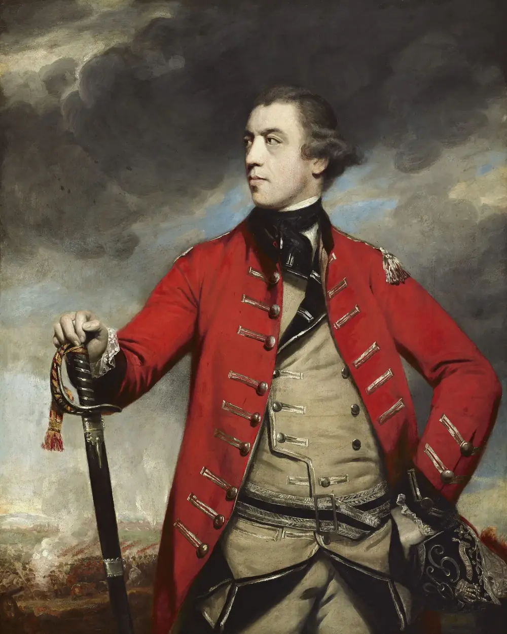 Three-quarter-length portrait of an officer in a scarlet coat with silver braid and a buff waistcoat, his right hand resting on the hilt of a sword, against a stormy sky with a battle in the distance.