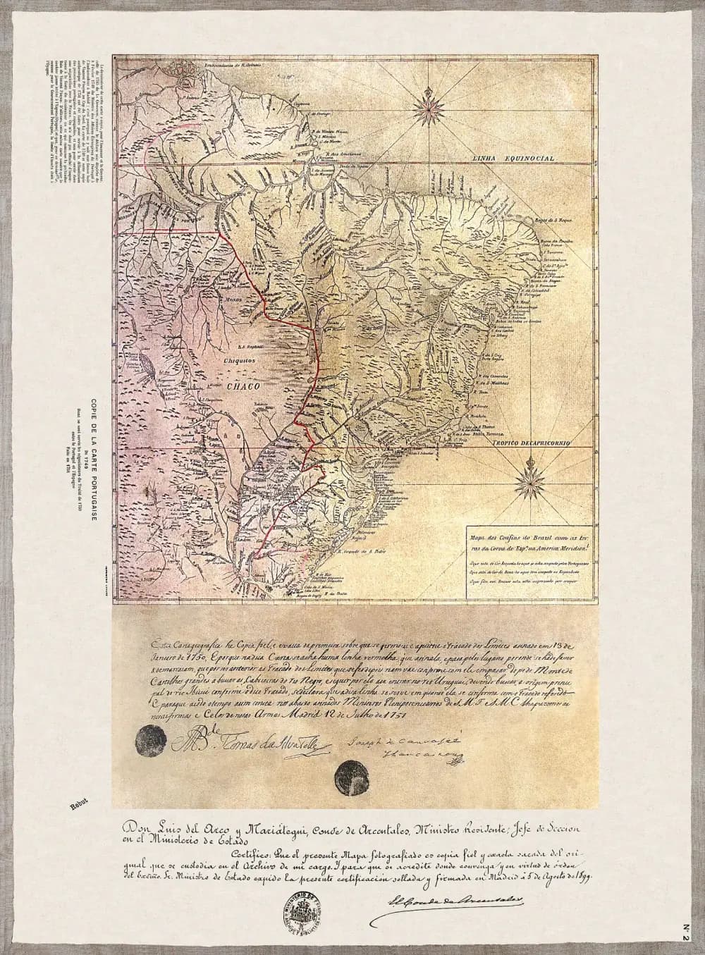 An old map of Brazil and the neighbouring Spanish lands, with Portuguese territory tinted yellow and Spanish territory pink, and a red line marking the border from the Amazon to the River Plate. Below it is a handwritten certificate with two signatures and wax seals, and under that a later Spanish certificate signed in 1899.