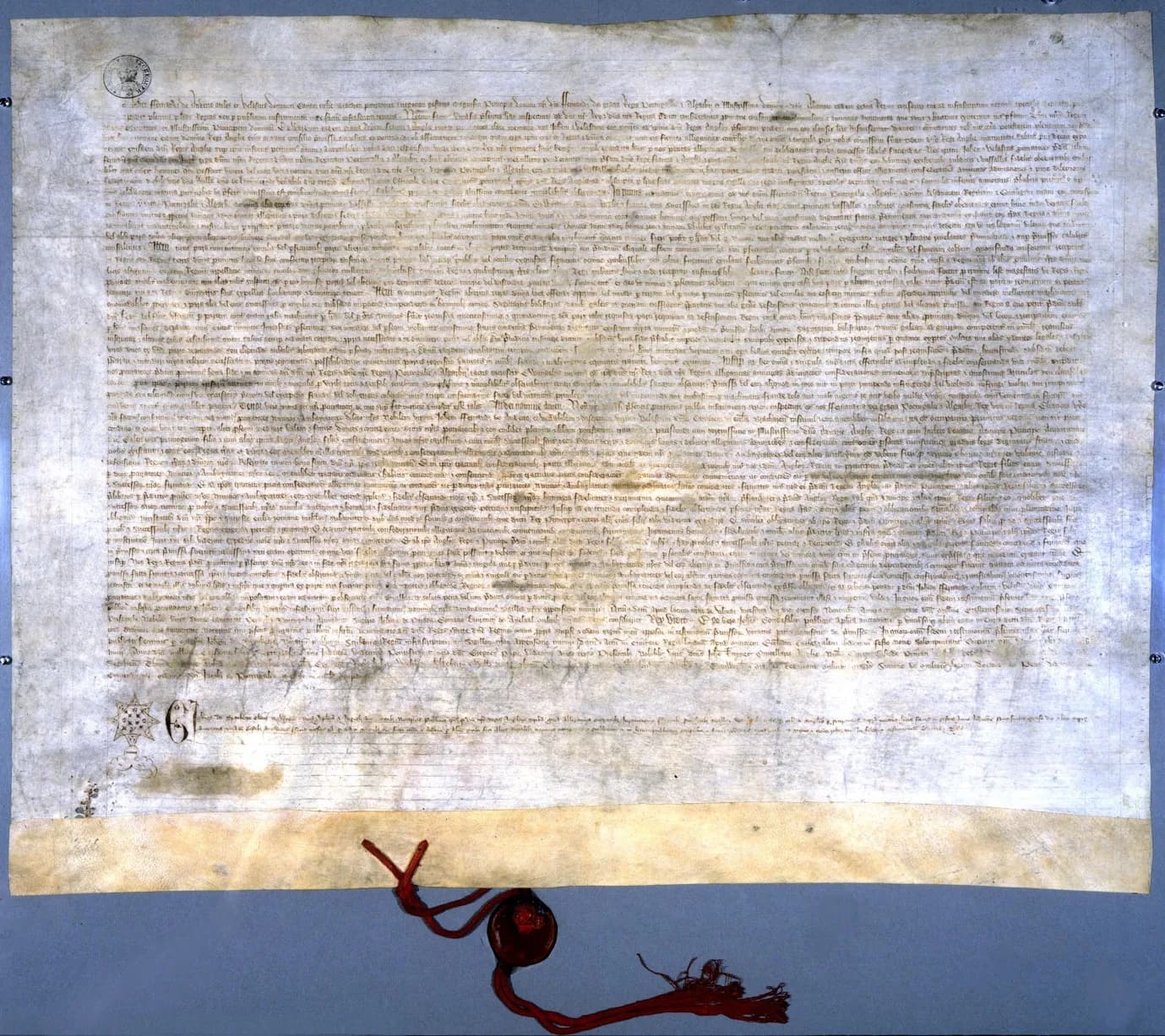 A large parchment sheet densely written in small Latin script, with a star-shaped notary's mark and a large initial at lower left, and a single red wax seal hanging from twisted red silk cords at the bottom.