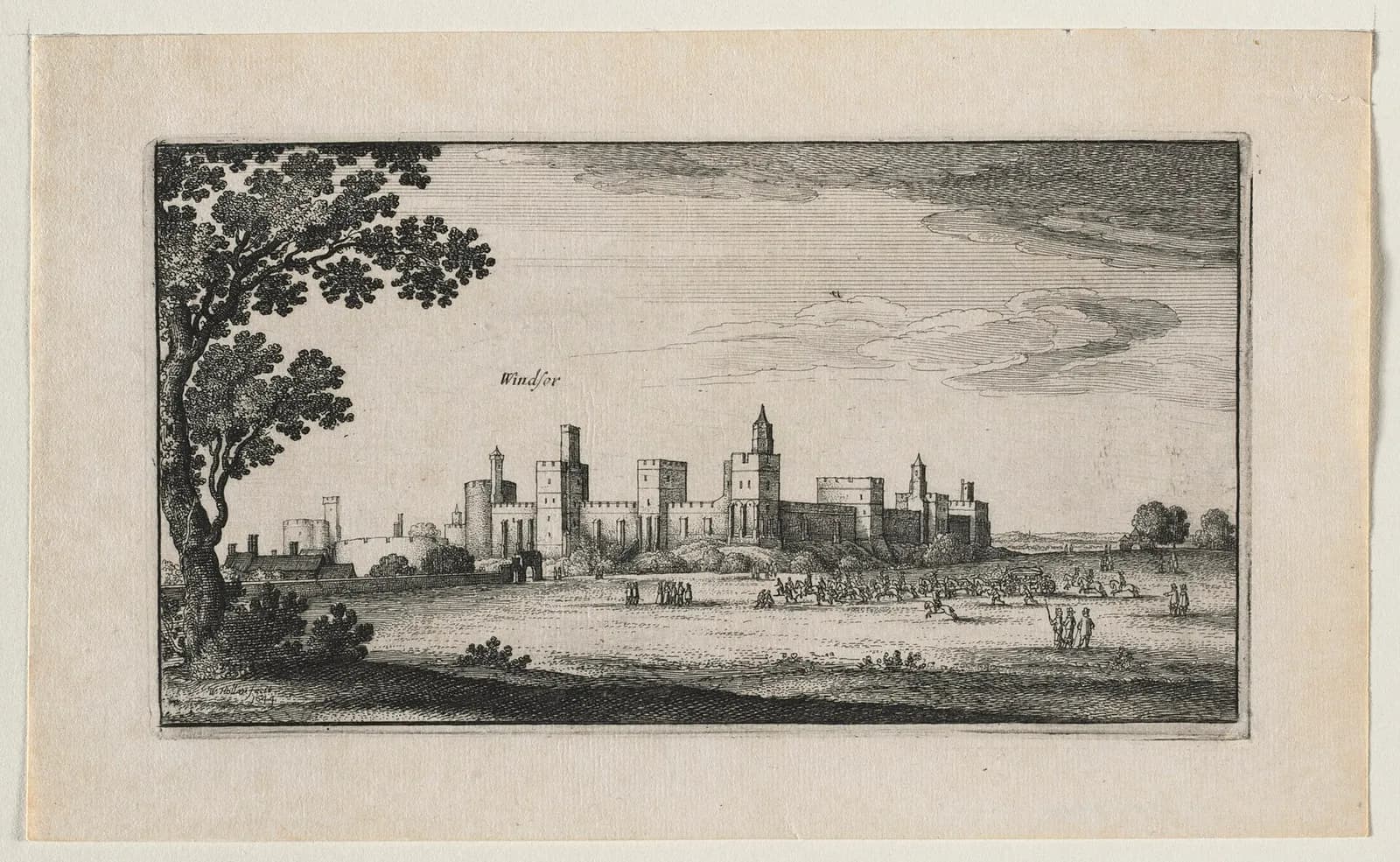 An etching of a long walled castle with square and round towers on a low rise, seen across open ground where riders, a coach and people on foot are passing. A large tree frames the left side and the word Windsor is written in the sky.