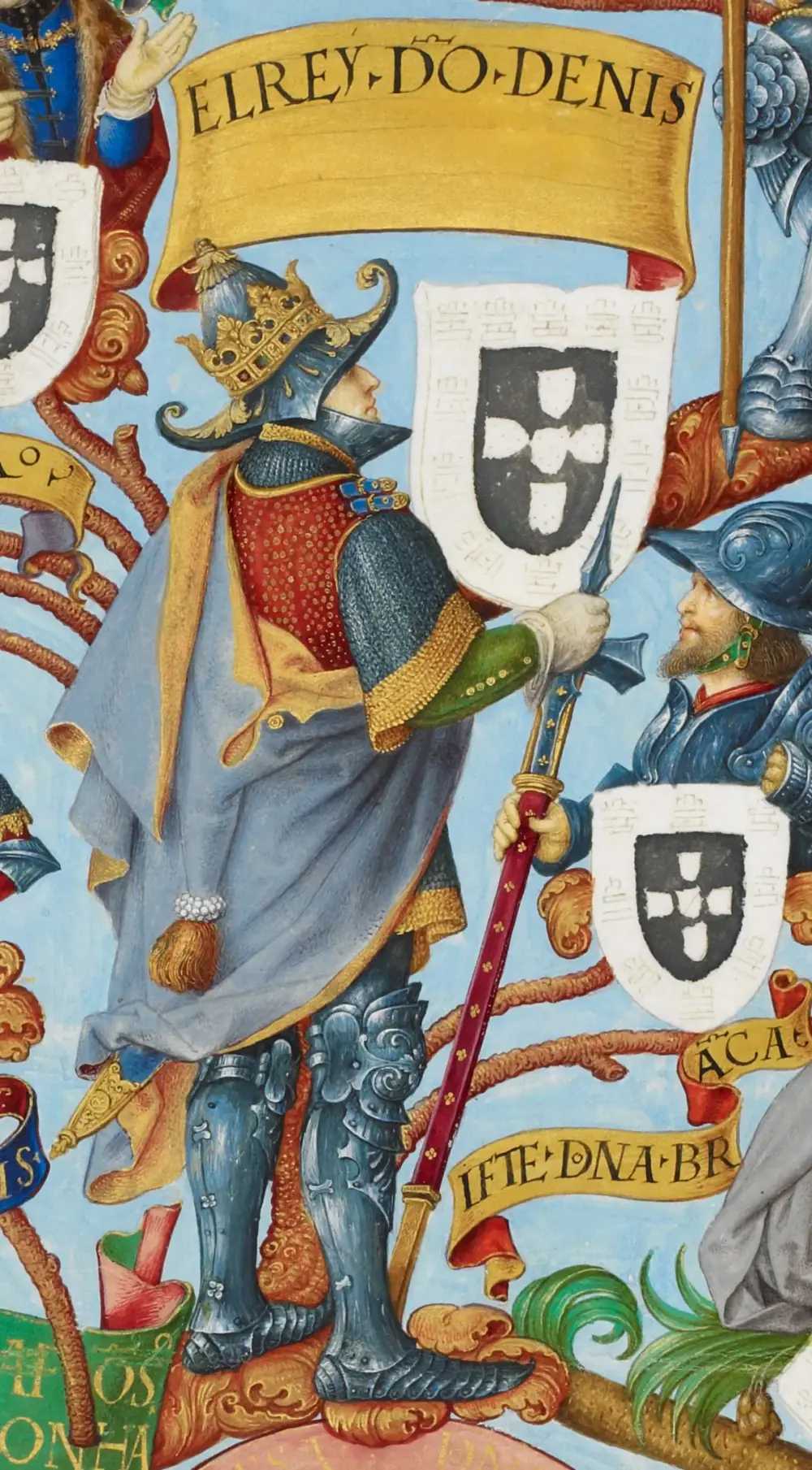 A painted miniature of a king in armour and a blue-grey cloak, a crown on his helmet, holding a lance and a white shield with the Portuguese arms, under a gold scroll reading ELREY DO DENIS. Branches of a family tree and other armed figures surround him.