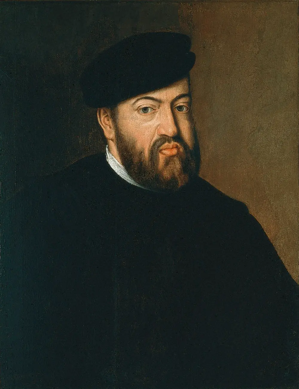Half-length portrait of a bearded man with a reddish-brown beard and pale blue eyes, in a black beret and a black coat with a small white collar, against a dark brown background.