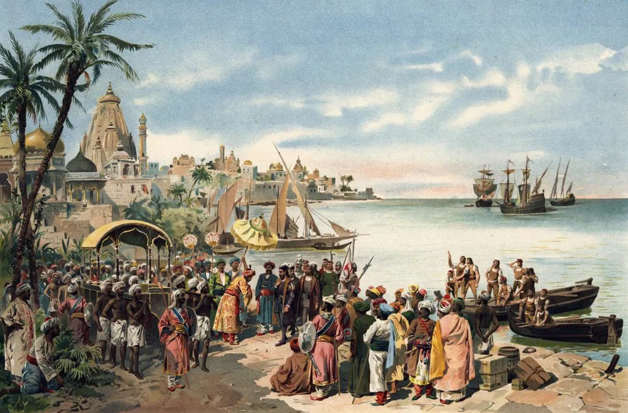 A colour print of a crowded waterfront with palm trees and domed temples. Men in turbans and long robes surround a group of Europeans beside a gilded palanquin, while rowing boats come ashore from sailing ships anchored in a calm bay.