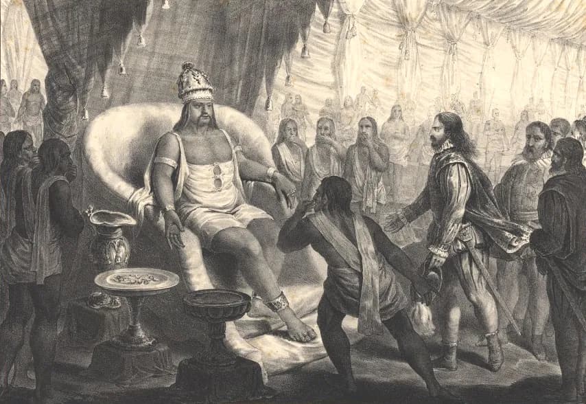 A lithograph of a large bare-chested king in a tall crown seated on a curved couch, a basin and a ewer beside him. A kneeling attendant covers his mouth with his hand, and a bearded European in a cloak and ruff stands before the king with his arm outstretched, other Europeans behind him.