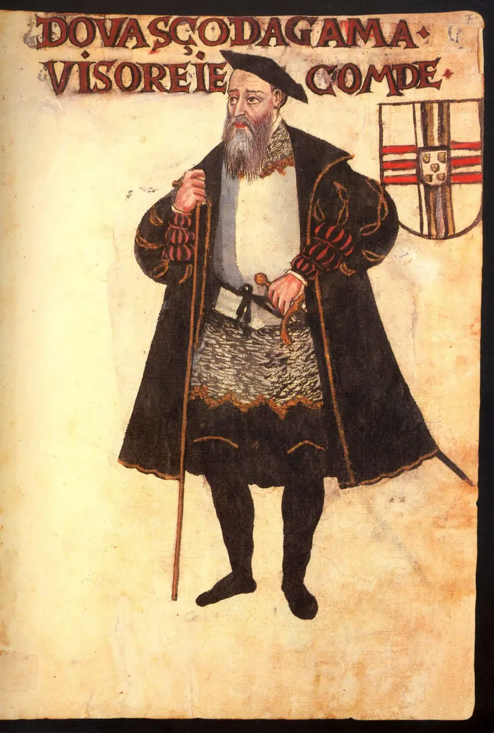 A painted manuscript page showing a grey-bearded man in a long black coat and flat black cap, holding a staff, under the red inscription D. Vasco da Gama, visorei e conde, with a coat of arms to the right.