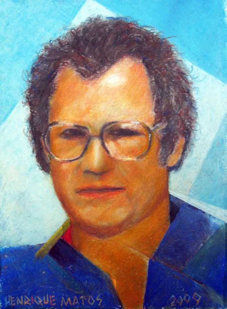 A pastel portrait of a man with thick, curly greying hair, large tinted glasses and a calm, slightly sad expression, wearing a dark blue jacket over a red shirt, against a pale blue background.