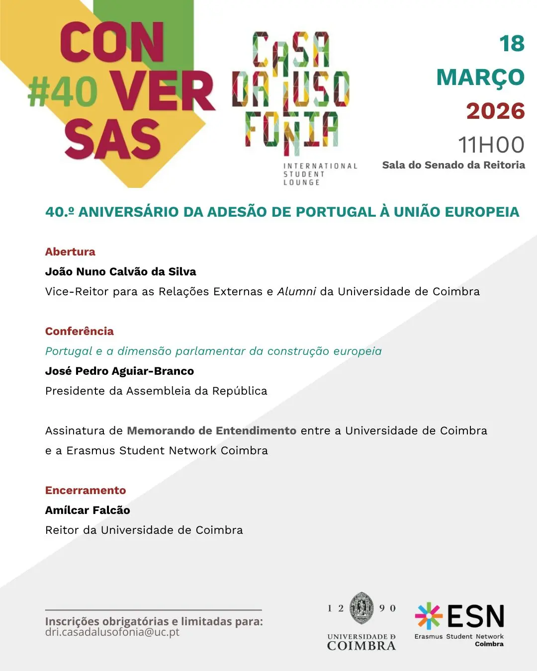Universidade de Coimbra assinala 40 anos da adesão de Portugal à União Europeia com conferência de Aguiar-Branco